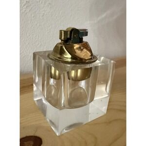 ESTATE Vtg Crystal Glass Cube Square Table Lighter 60s Japan Brass Grandpa Core